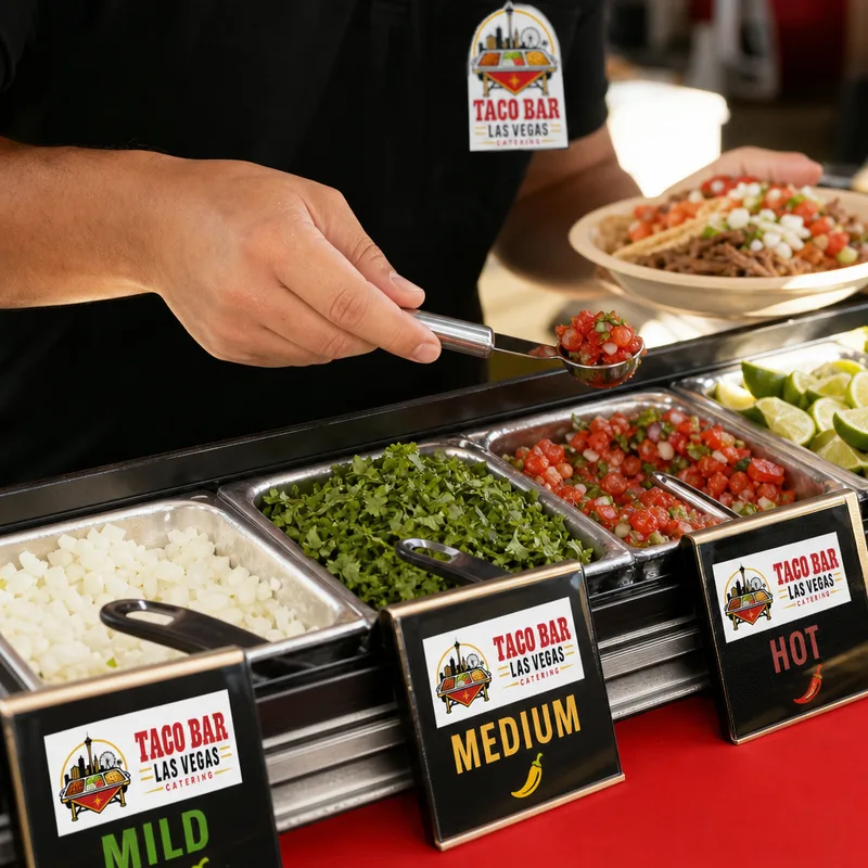 Fresh toppings and salsas in hotel pans with clean utensils and labels for mild, medium, and hot