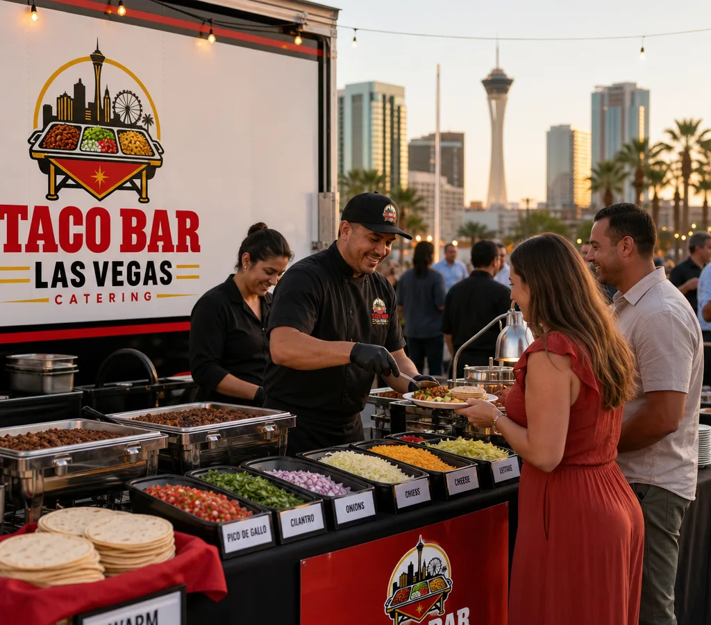 Staffed taco bar at an outdoor Las Vegas event with labeled toppings, warm tortillas, proteins, and guests being served
