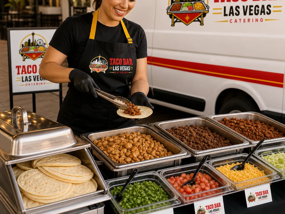 Taco catering station with covered tortilla warmer, proteins in chafing dishes, and labeled toppings in chilled pans
