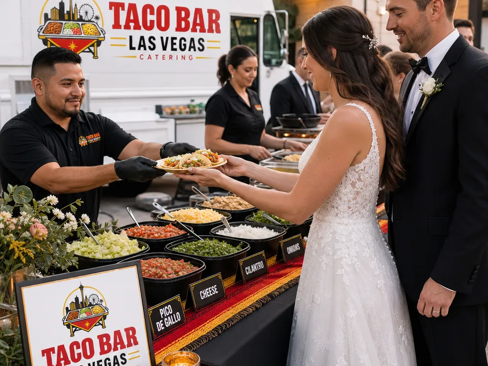 Wedding taco bar with an elegant serving layout, labeled toppings, and a clear guest flow from plates to salsa