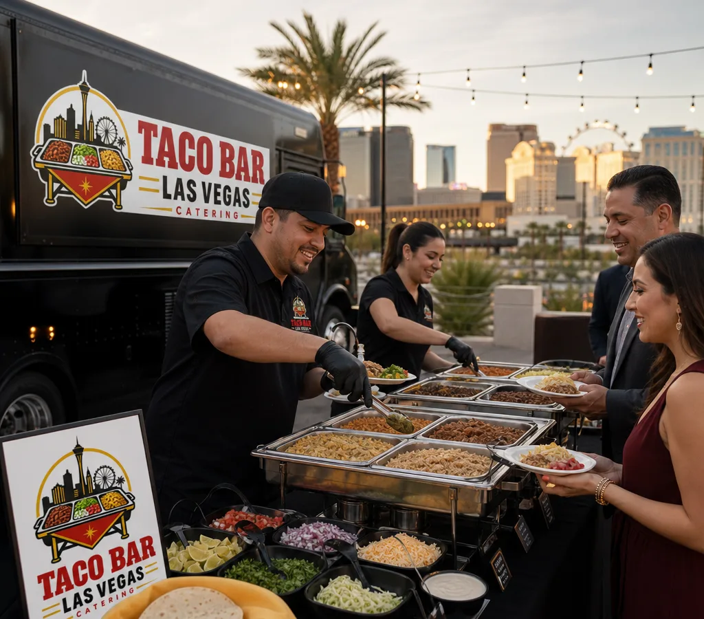 Staffed taco bar at a Las Vegas event with warm tortillas, fillings, toppings, and guests building plates