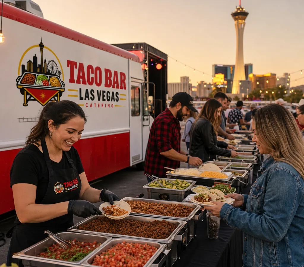 Outdoor Las Vegas event with a staffed taco station, tortillas, hot proteins, salsas, and guests building tacos in line