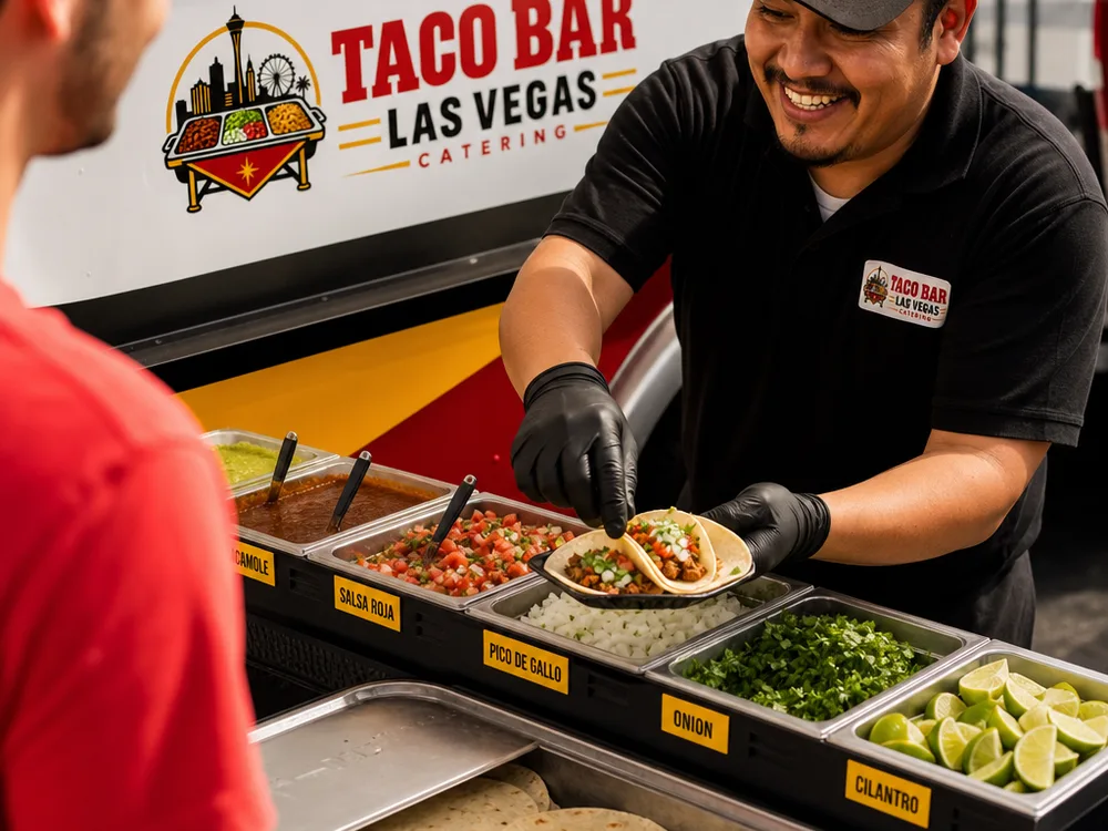 Close angled view of a taco bar line with labeled toppings, salsas, limes, cilantro, onion, warm tortillas, and a server plating tacos