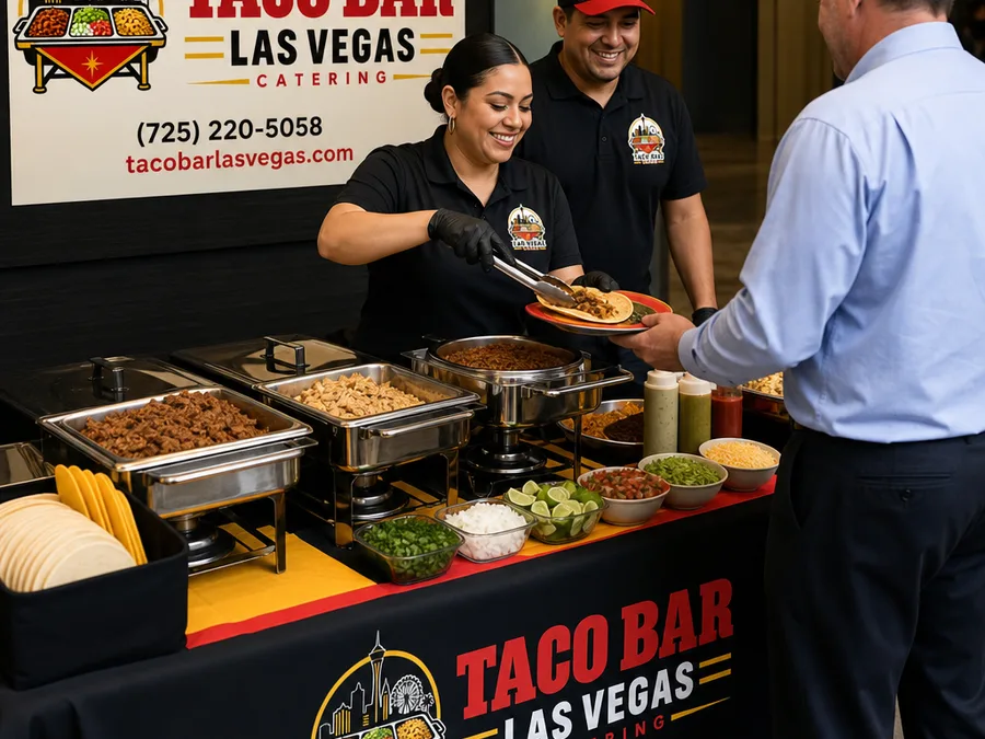 Catering staff serving tacos at a corporate event with protein chafers, tortilla warmers, and a tidy replenishment area