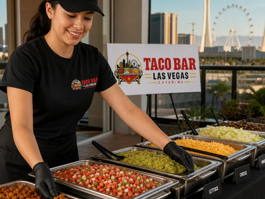 Catering team member setting up labeled taco bar trays and serving utensils before guests arrive